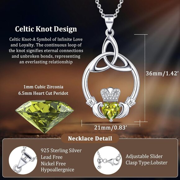 Sterling Silver Claddagh Necklace with Peridot Birthstone 18" Chain Gift for Wom - Picture 5 of 7